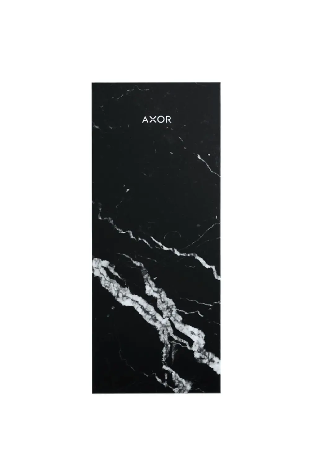 Schwarze Marmorplatte mit weißen Aderungen, dekorativ angeordnet. Oberseite glatte Oberfläche. Logo von AXOR in der oberen Mitte.